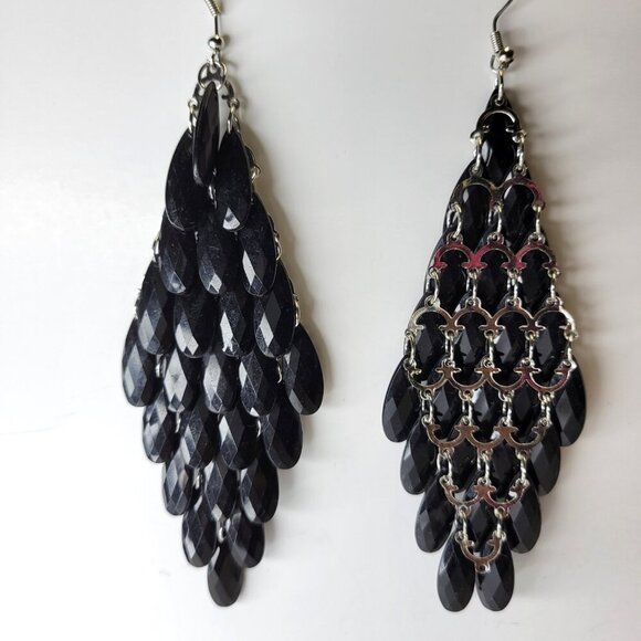 Black Tassel Earrings Long Black Dangle Light Earrings - Picture 2 of 5